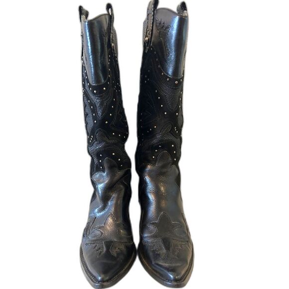 Cowboy Boots - Women's Black Leather with Suede and Silver Embellishment - 7.5 - Picture 2 of 10